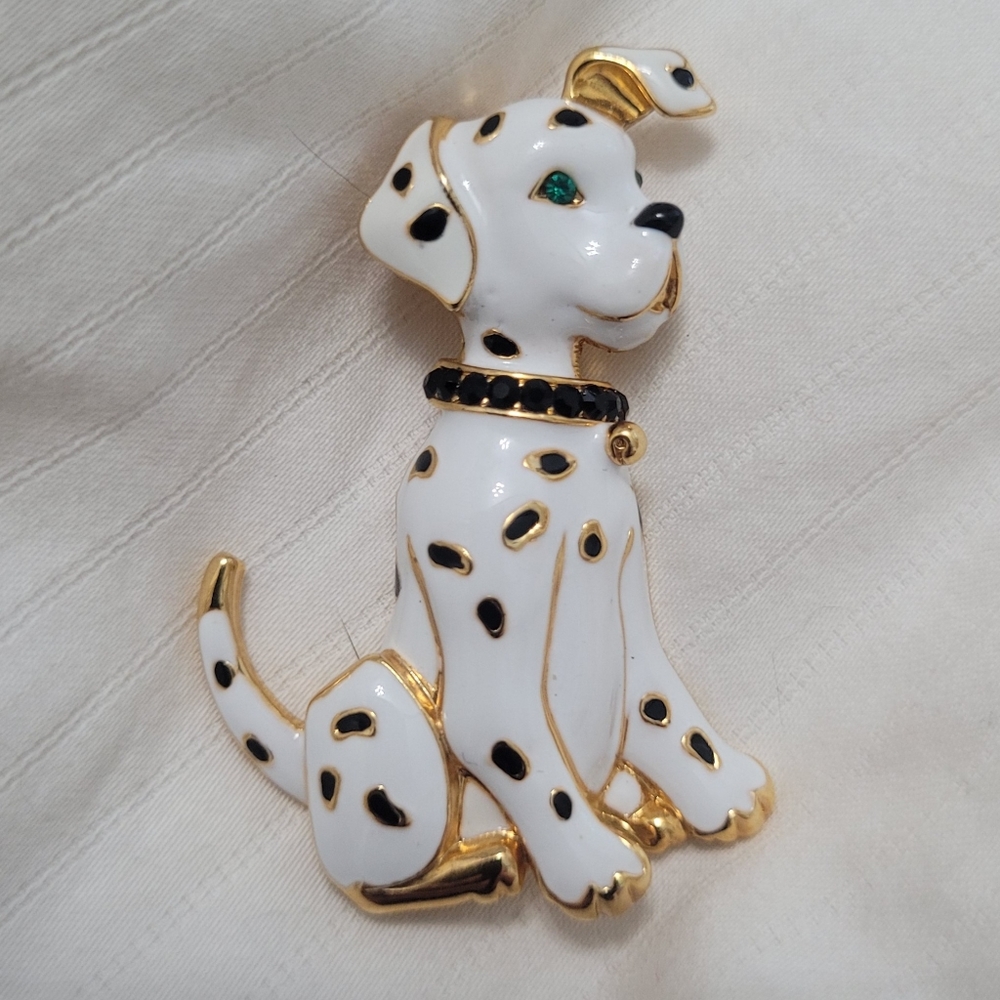 Vintage Enamel Dalmation Dog Pin Brooch Emerald Green Eyes Rhinestone Collar